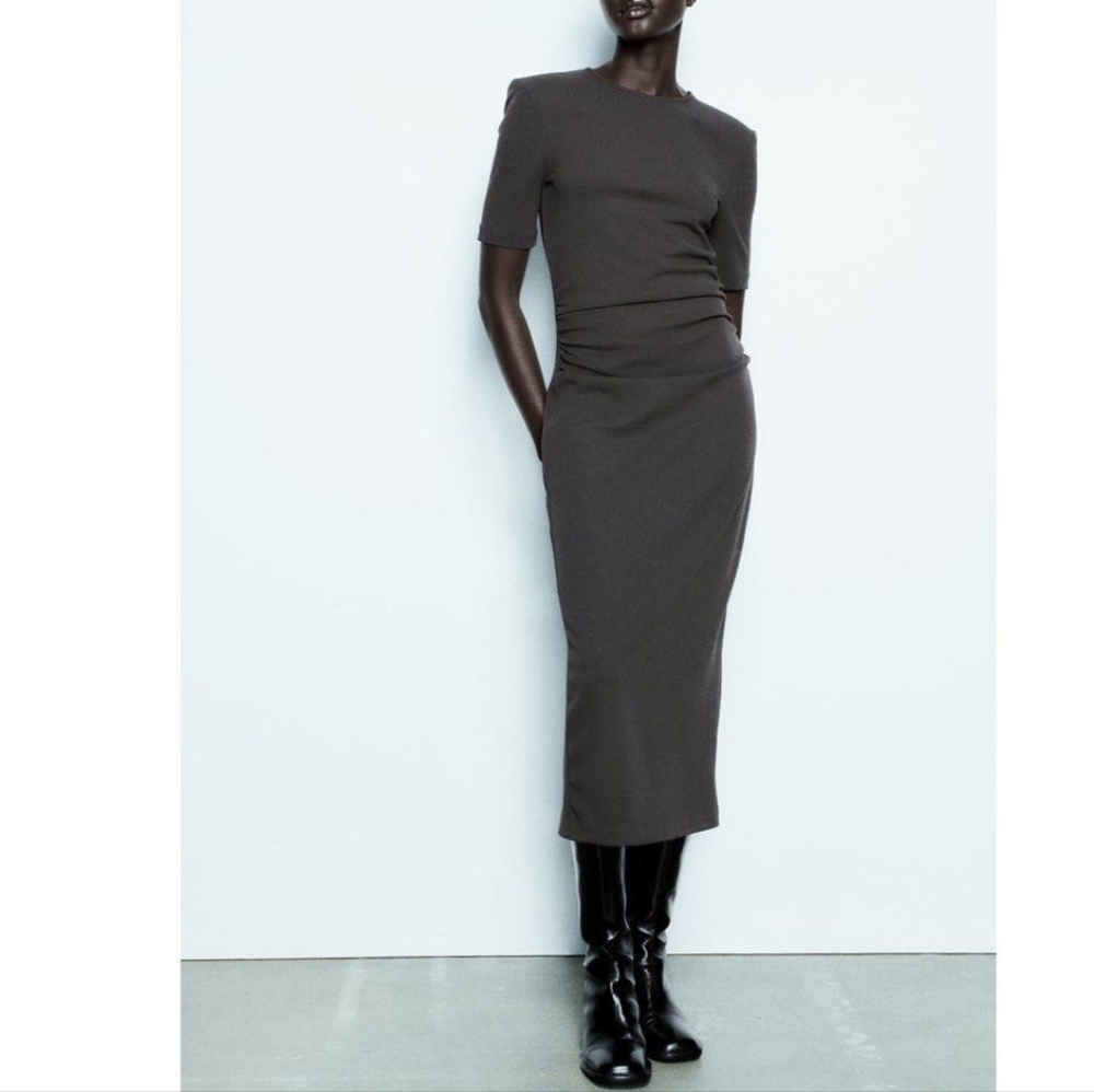 ZARA DRAPED DETAIL DRESS WITH SHOULDER PADS